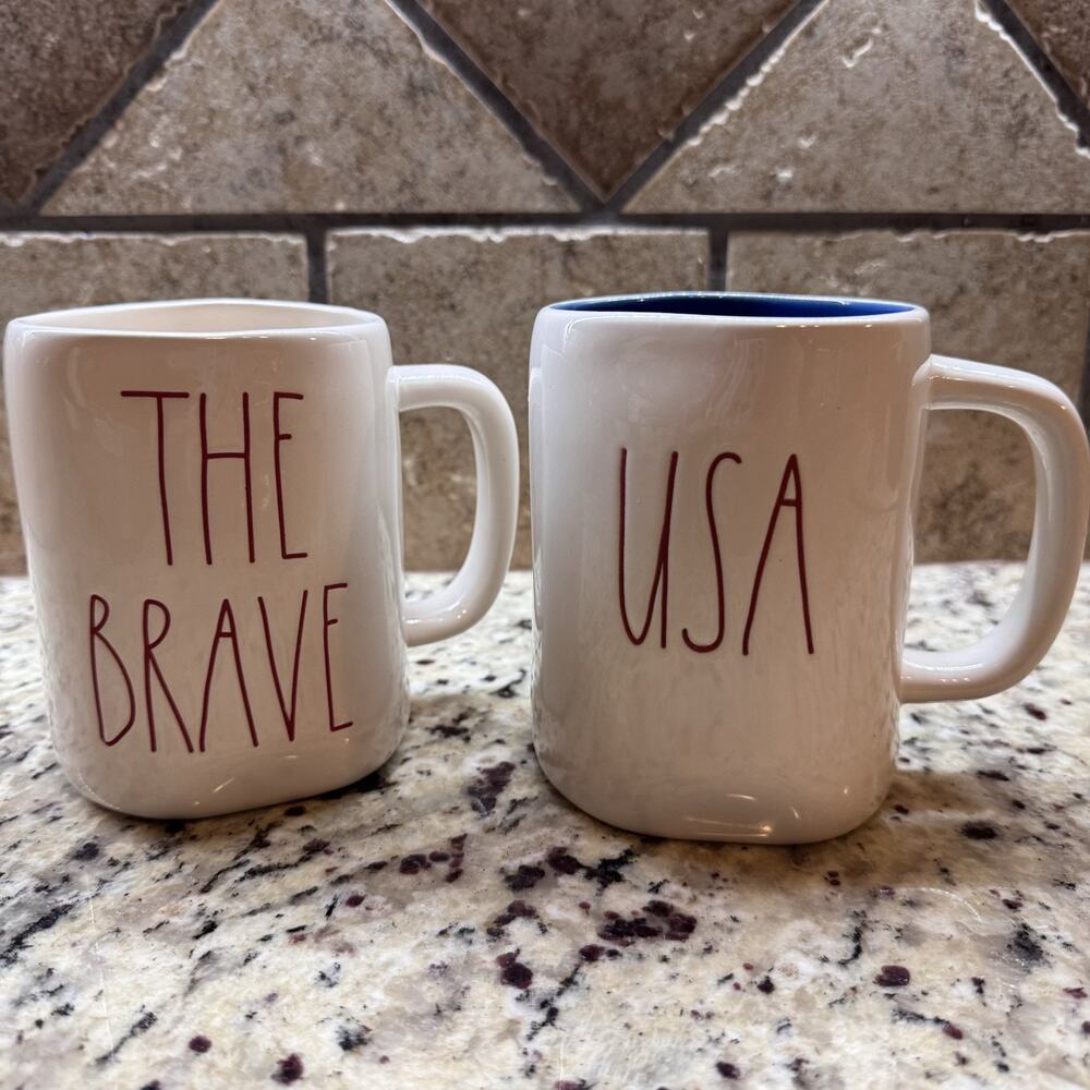 Rae Dunn The BRAVE‎ & USA Ceramic Coffee Mug Set of 2 Patriotic Holiday Red Blue